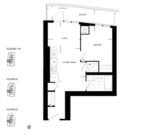 Floor plan for 1 bed, 1 bath, 551 sqft